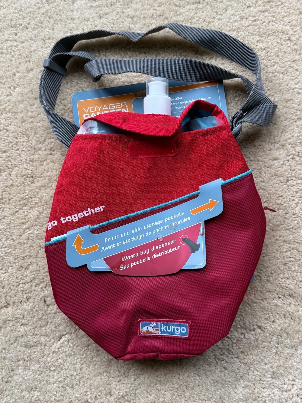 NWT Kurgo Voyager Canteen (32oz) w/ Shoulder Strap Pockets Waste Bag Dispenser